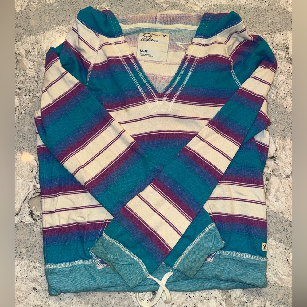 Medium American Eagle Outfitters V-Neck sweatshirt - stripe Teal, Purple, Cream